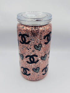 Luxury Rose Gold No-Globe Glitter Cup – Acrylic Tumbler with Black Logo Accents