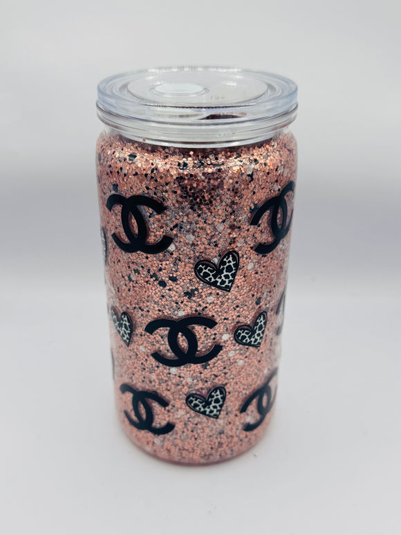 Luxury Rose Gold No-Globe Glitter Cup – Acrylic Tumbler with Black Logo Accents